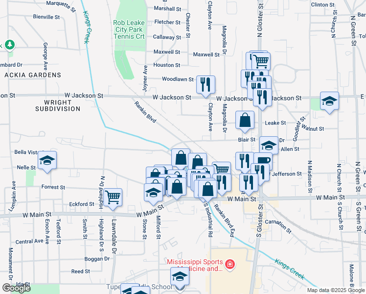 map of restaurants, bars, coffee shops, grocery stores, and more near 1206 Blair Street in Tupelo