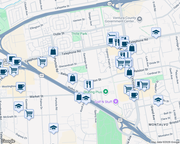 map of restaurants, bars, coffee shops, grocery stores, and more near 1300 Saratoga Avenue in Ventura