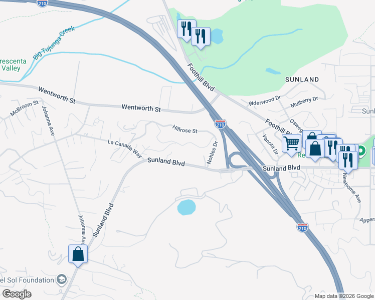 map of restaurants, bars, coffee shops, grocery stores, and more near 10225 Sunland Boulevard in Los Angeles
