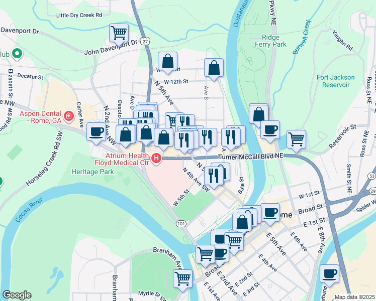 map of restaurants, bars, coffee shops, grocery stores, and more near 475 Turner McCall Boulevard Northeast in Rome