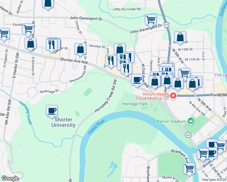map of restaurants, bars, coffee shops, grocery stores, and more near 7 Horseleg Creek Road Southwest in Rome