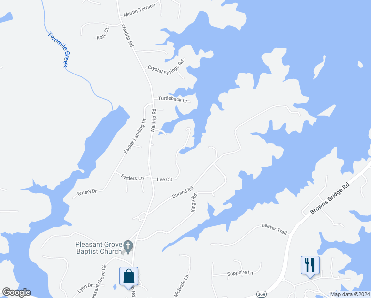 map of restaurants, bars, coffee shops, grocery stores, and more near 9660 Lee Circle in Gainesville
