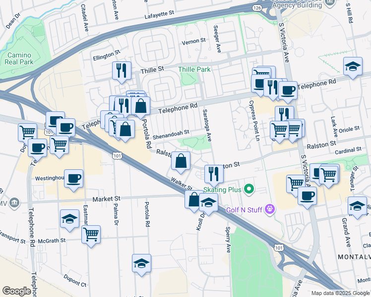 map of restaurants, bars, coffee shops, grocery stores, and more near 5197 Teton Lane in Ventura