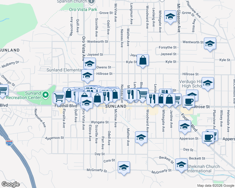 map of restaurants, bars, coffee shops, grocery stores, and more near 10546 McVine Avenue in Los Angeles