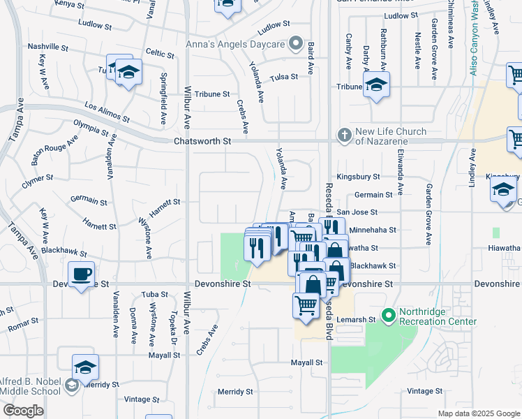 map of restaurants, bars, coffee shops, grocery stores, and more near 18627 Hillsboro Road in Los Angeles