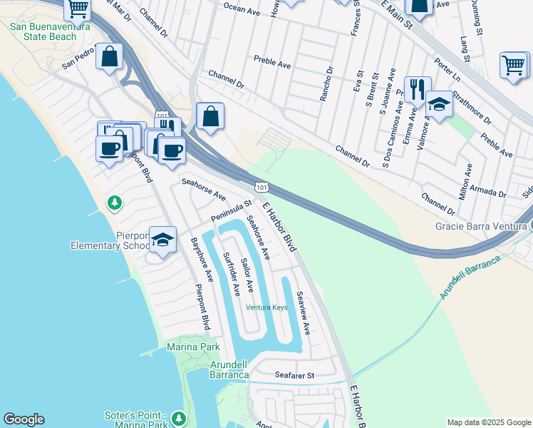 map of restaurants, bars, coffee shops, grocery stores, and more near 2653 East Harbor Boulevard in Ventura