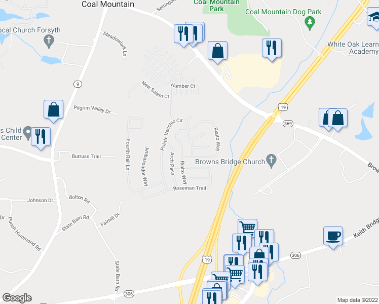map of restaurants, bars, coffee shops, grocery stores, and more near 3415 Pointe Vecchio Circle in Cumming