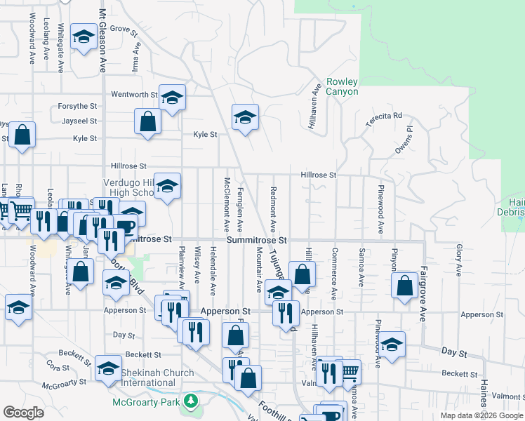 map of restaurants, bars, coffee shops, grocery stores, and more near 10554 Tujunga Canyon Boulevard in Los Angeles