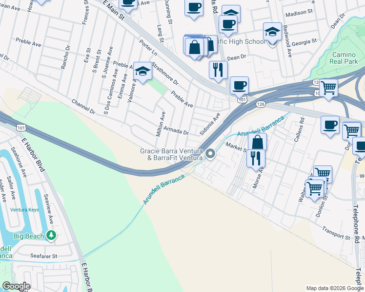 map of restaurants, bars, coffee shops, grocery stores, and more near 875 Empire Avenue in Ventura