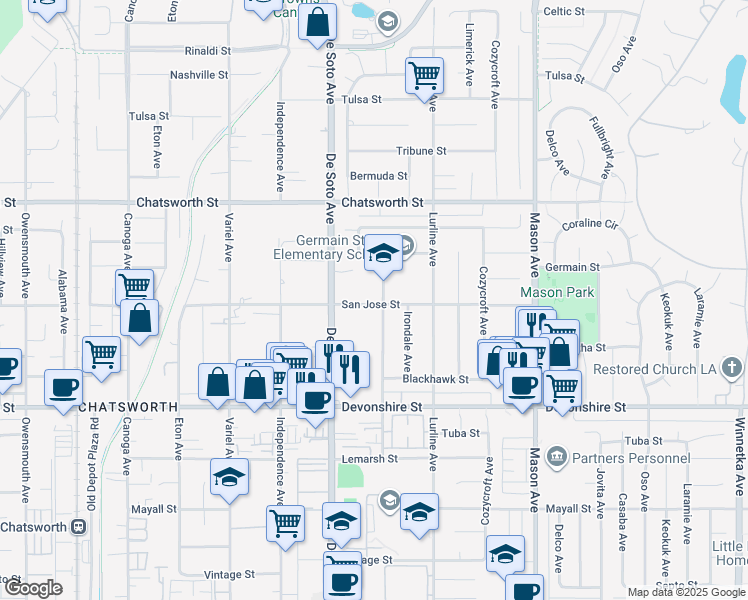 map of restaurants, bars, coffee shops, grocery stores, and more near 10501 Oklahoma Avenue in Los Angeles