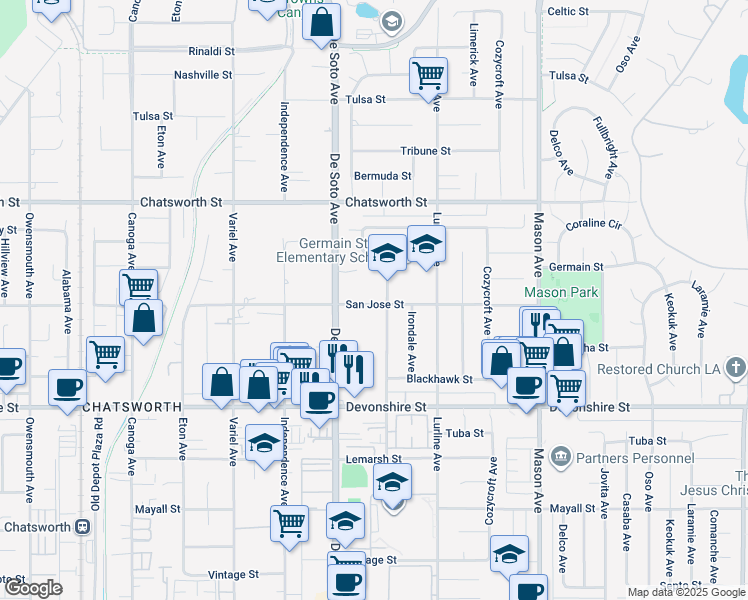 map of restaurants, bars, coffee shops, grocery stores, and more near 10501 Oklahoma Avenue in Los Angeles