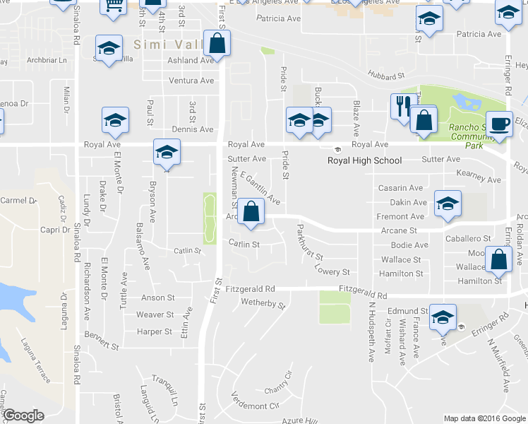 map of restaurants, bars, coffee shops, grocery stores, and more near 1209 Locke Avenue in Simi Valley