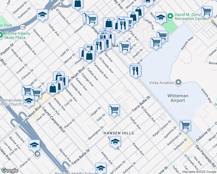map of restaurants, bars, coffee shops, grocery stores, and more near 13279 Pierce Street in Los Angeles