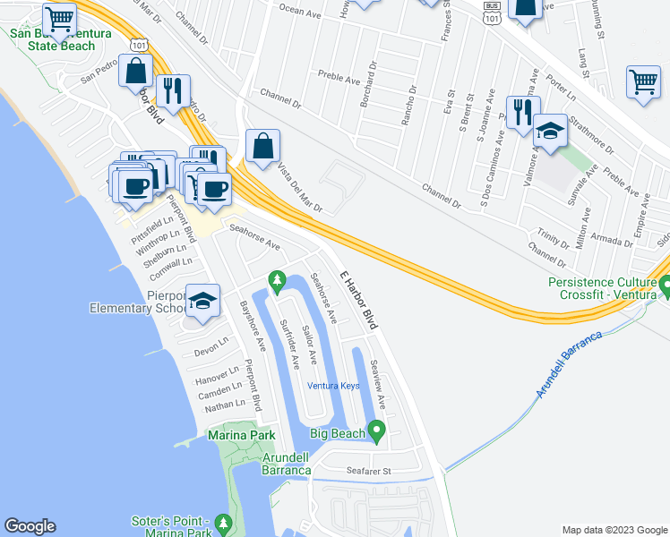 map of restaurants, bars, coffee shops, grocery stores, and more near 2655 East Harbor Boulevard in Ventura