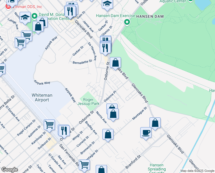 map of restaurants, bars, coffee shops, grocery stores, and more near 12368 Osborne Street in Los Angeles