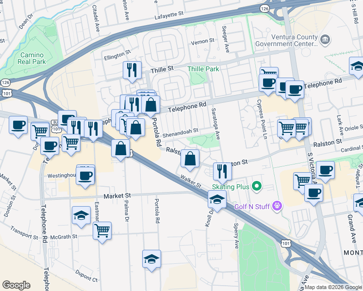 map of restaurants, bars, coffee shops, grocery stores, and more near 5148 Teton Lane in Ventura