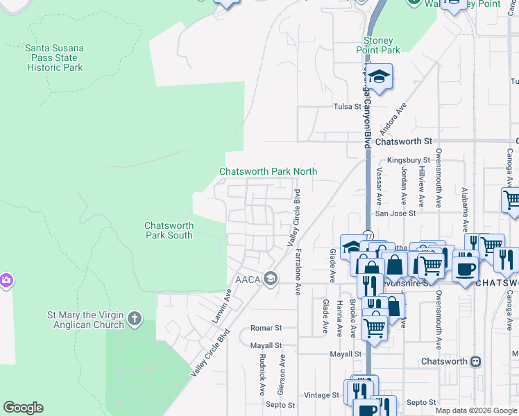 map of restaurants, bars, coffee shops, grocery stores, and more near 22149 James Alan Circle in Los Angeles