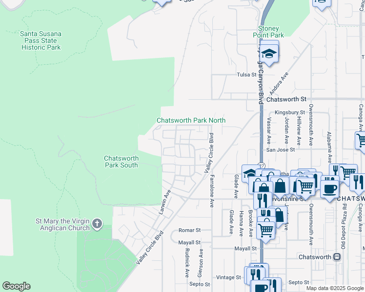 map of restaurants, bars, coffee shops, grocery stores, and more near 22133 James Alan Circle in Los Angeles