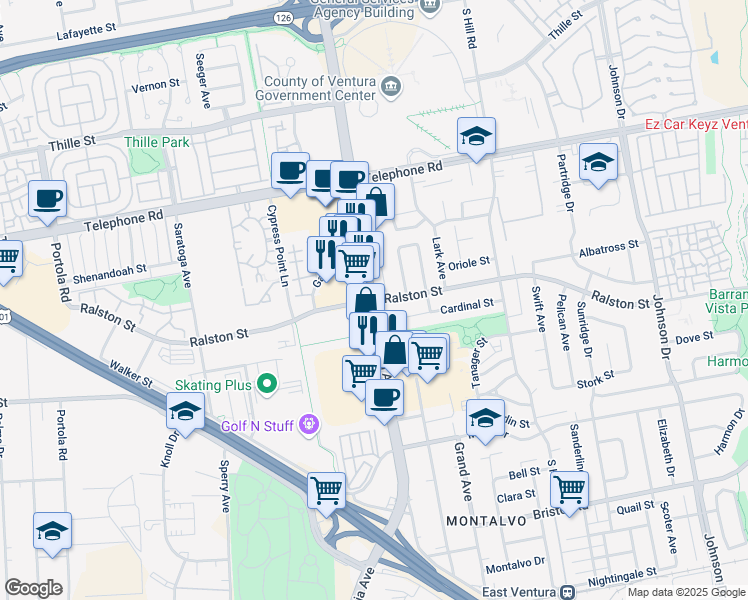 map of restaurants, bars, coffee shops, grocery stores, and more near South Victoria Avenue & Ralston Street in Ventura