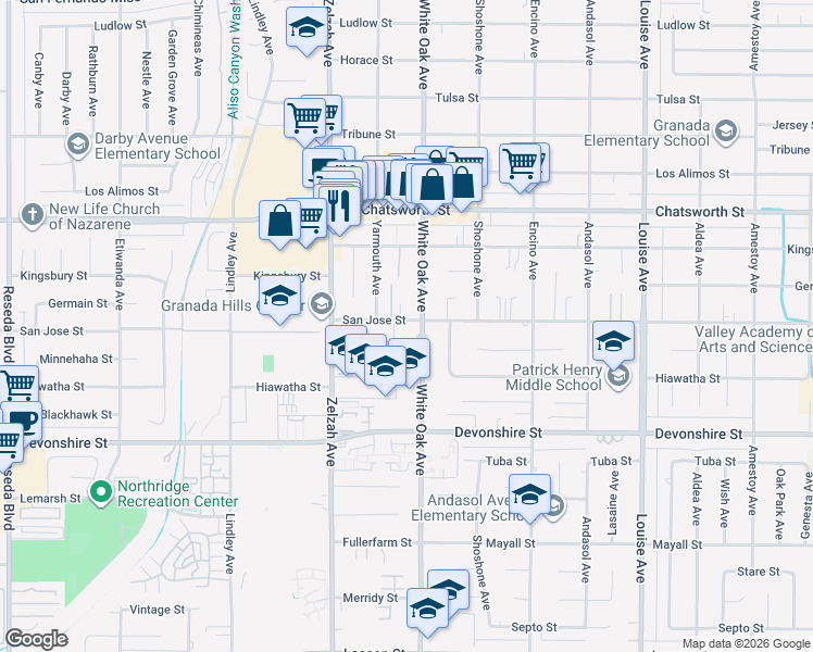 map of restaurants, bars, coffee shops, grocery stores, and more near 17720 San Jose Street in Los Angeles