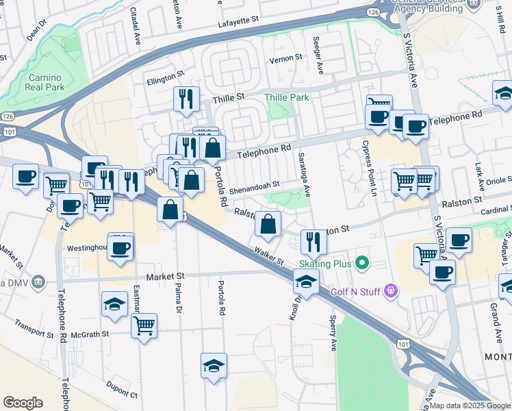 map of restaurants, bars, coffee shops, grocery stores, and more near 5148 Teton Lane in Ventura