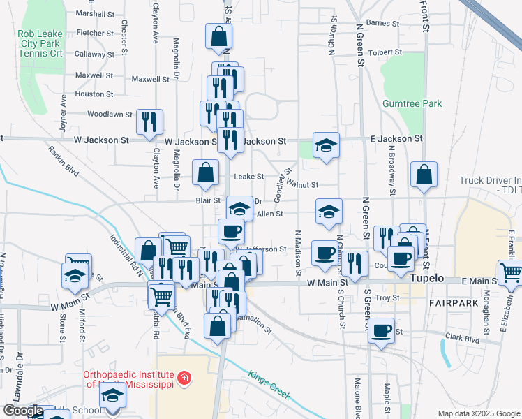 map of restaurants, bars, coffee shops, grocery stores, and more near 652 Allen Street in Tupelo