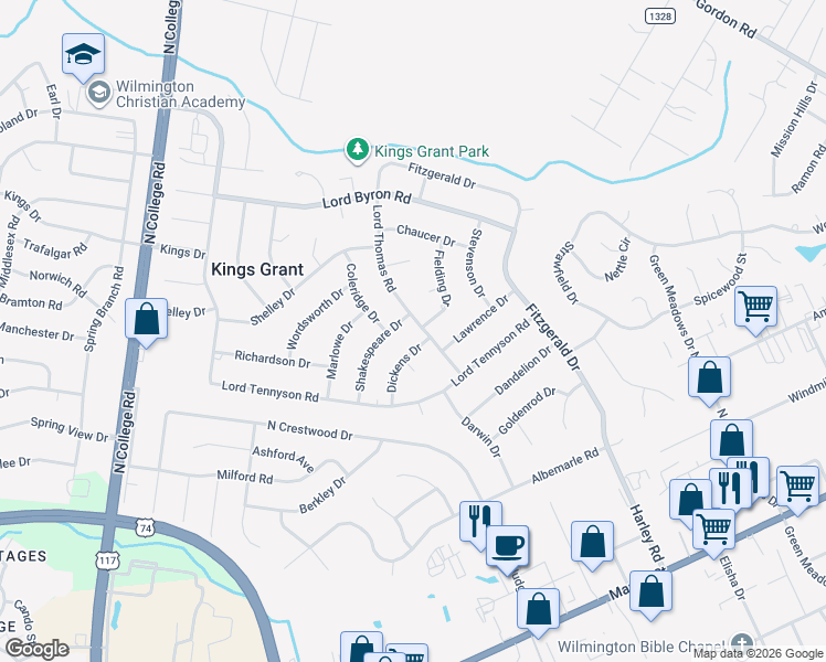 map of restaurants, bars, coffee shops, grocery stores, and more near 1010 Lord Thomas Road in Wilmington