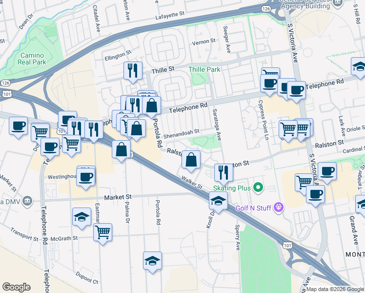 map of restaurants, bars, coffee shops, grocery stores, and more near 5148 Teton Lane in Ventura