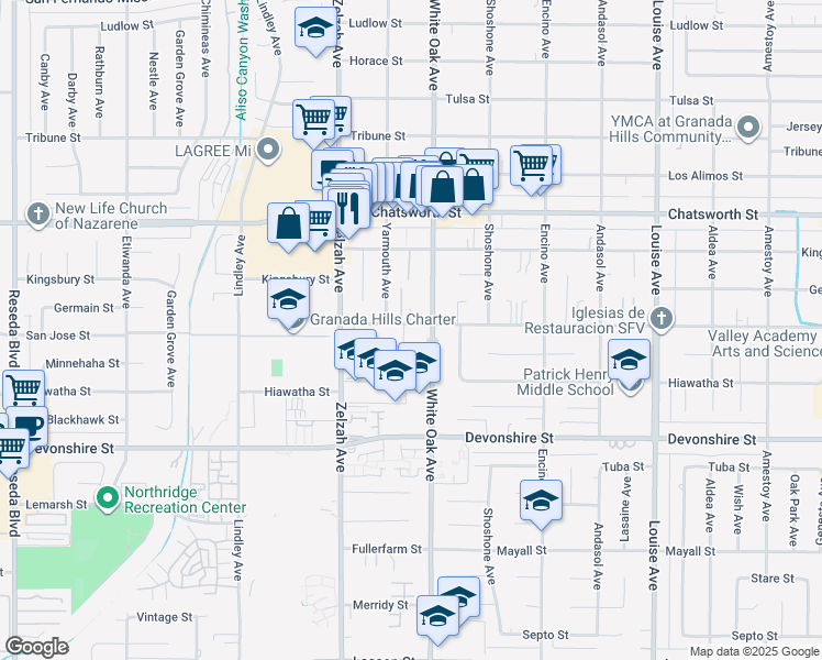 map of restaurants, bars, coffee shops, grocery stores, and more near 10512 Yarmouth Avenue in Los Angeles