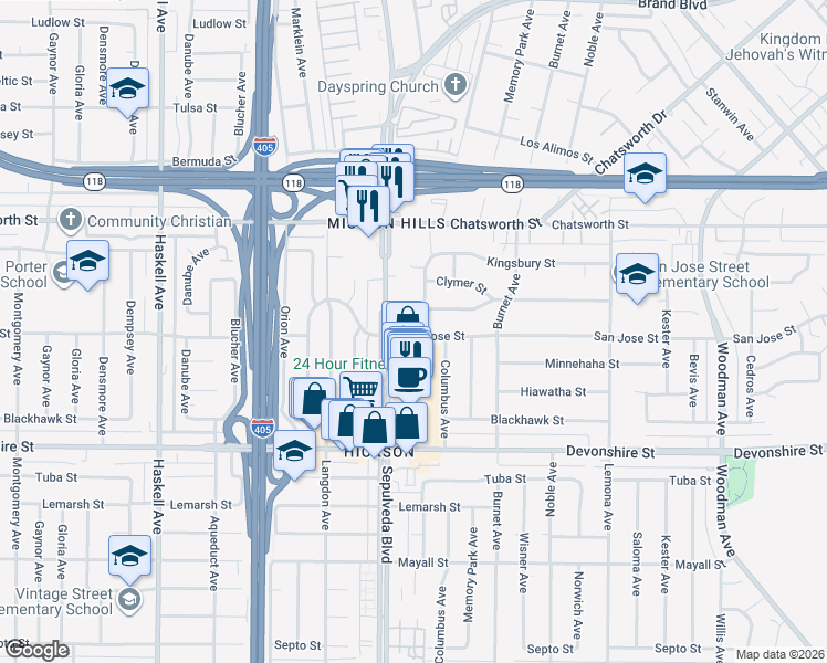 map of restaurants, bars, coffee shops, grocery stores, and more near 10505 Halbrent Avenue in Los Angeles