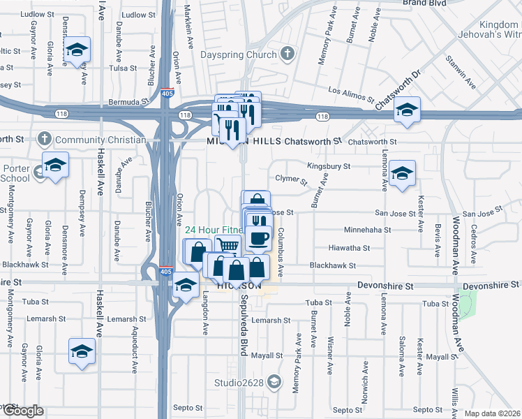 map of restaurants, bars, coffee shops, grocery stores, and more near 10505 Halbrent Avenue in Los Angeles