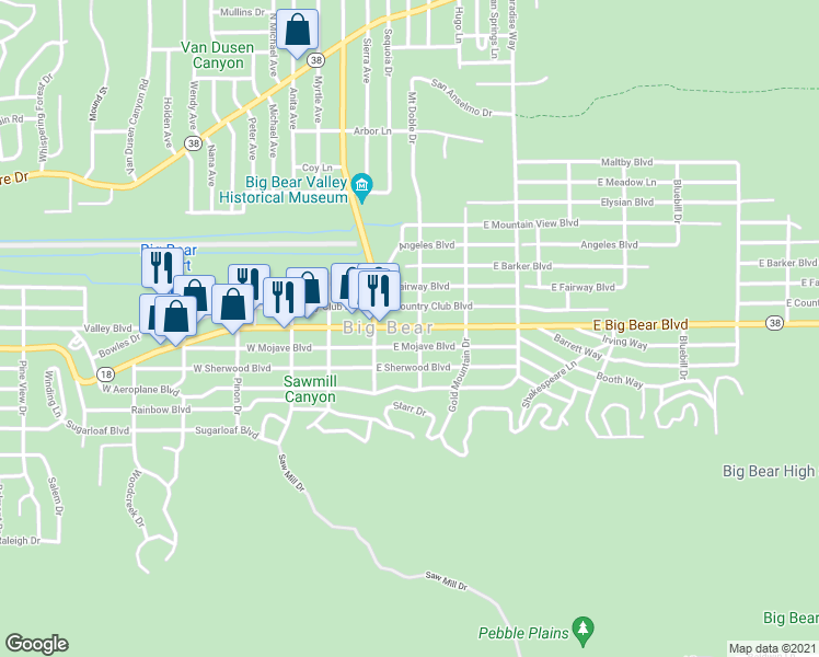 map of restaurants, bars, coffee shops, grocery stores, and more near 114 Victoria Lane in Big Bear