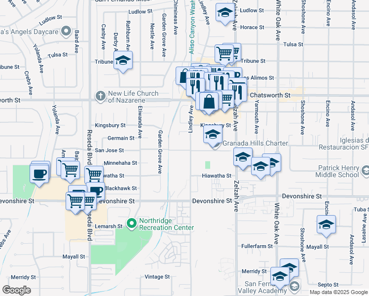 map of restaurants, bars, coffee shops, grocery stores, and more near 10511 Lindley Avenue in Los Angeles