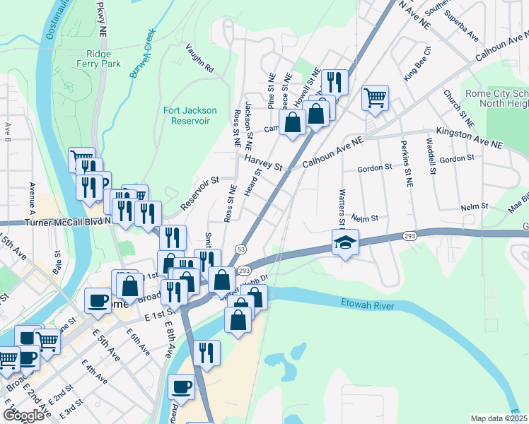 map of restaurants, bars, coffee shops, grocery stores, and more near 2317 Davis Street in Rome