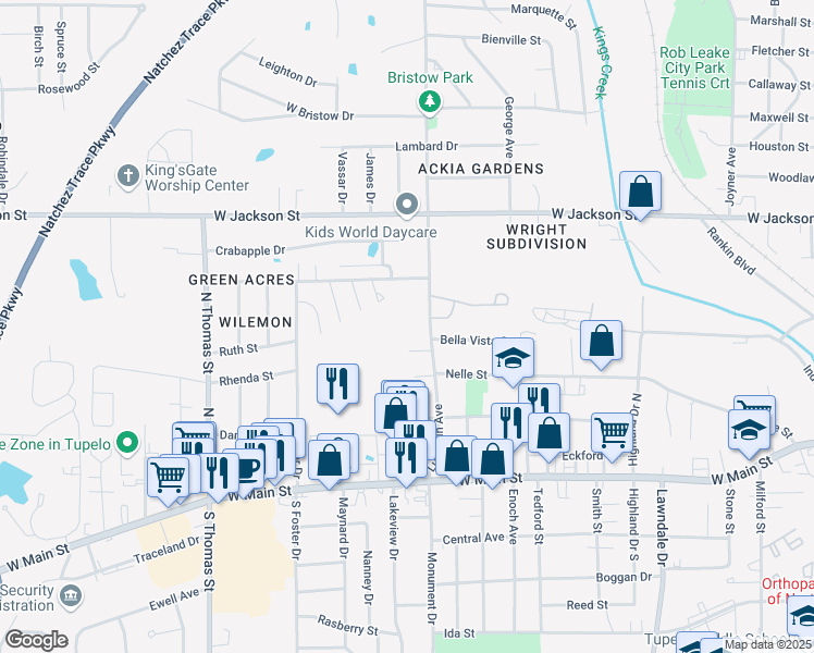 map of restaurants, bars, coffee shops, grocery stores, and more near 509 Lumpkin Avenue in Tupelo