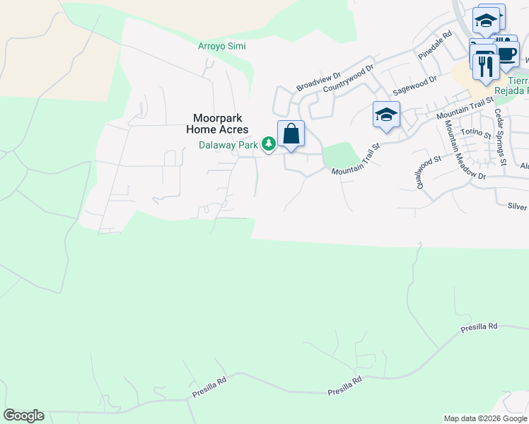 map of restaurants, bars, coffee shops, grocery stores, and more near 3836 Dalaway Drive in Moorpark