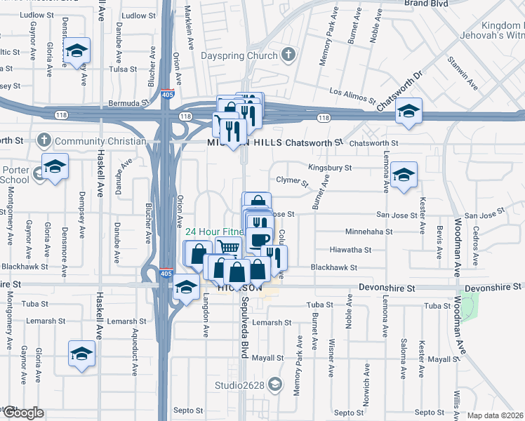 map of restaurants, bars, coffee shops, grocery stores, and more near 10505 Halbrent Avenue in Los Angeles