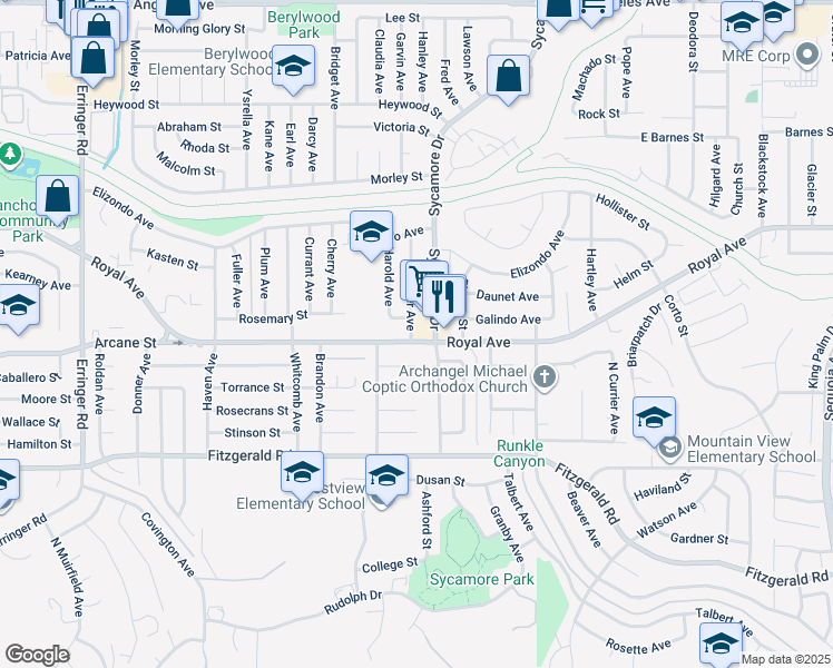 map of restaurants, bars, coffee shops, grocery stores, and more near 1205 Sawyer Avenue in Simi Valley