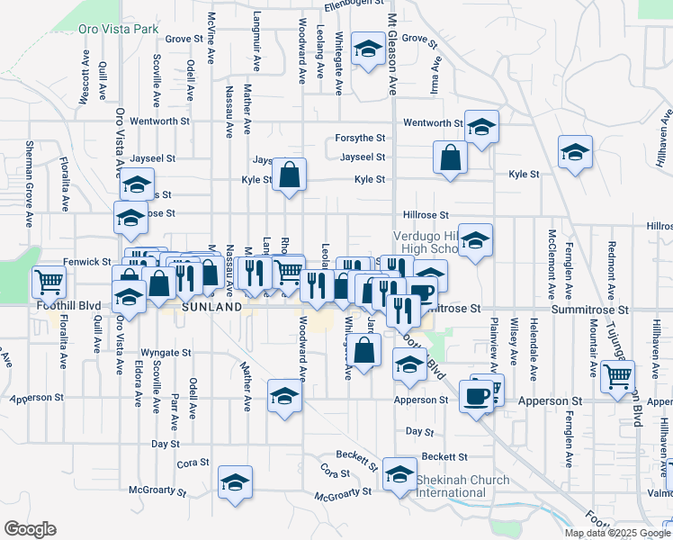 map of restaurants, bars, coffee shops, grocery stores, and more near 7901 Fenwick Street in Los Angeles