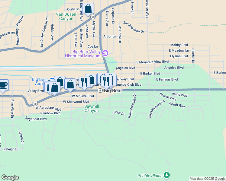 map of restaurants, bars, coffee shops, grocery stores, and more near in Big Bear