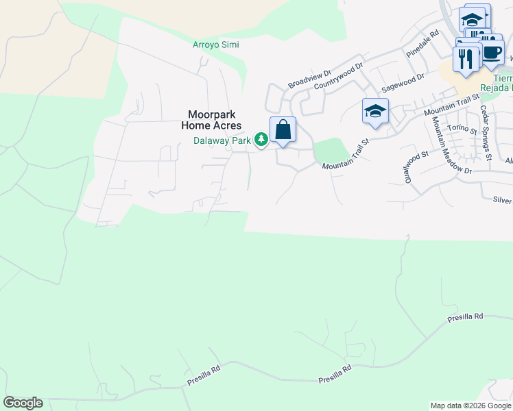 map of restaurants, bars, coffee shops, grocery stores, and more near 3836 Dalaway Drive in Moorpark