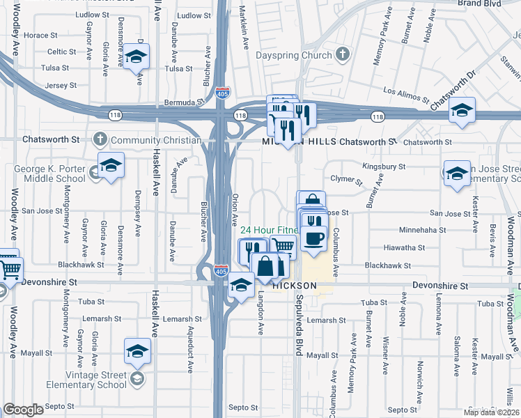 map of restaurants, bars, coffee shops, grocery stores, and more near 10516 Marklein Avenue in Los Angeles