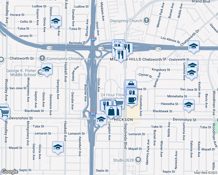 map of restaurants, bars, coffee shops, grocery stores, and more near 10505 Langdon Avenue in Los Angeles