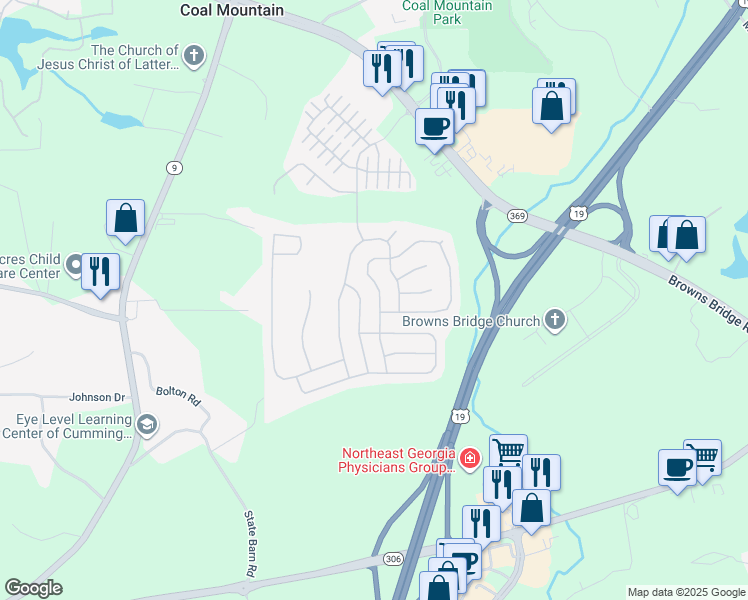 map of restaurants, bars, coffee shops, grocery stores, and more near 5065 Rialto Way in Cumming