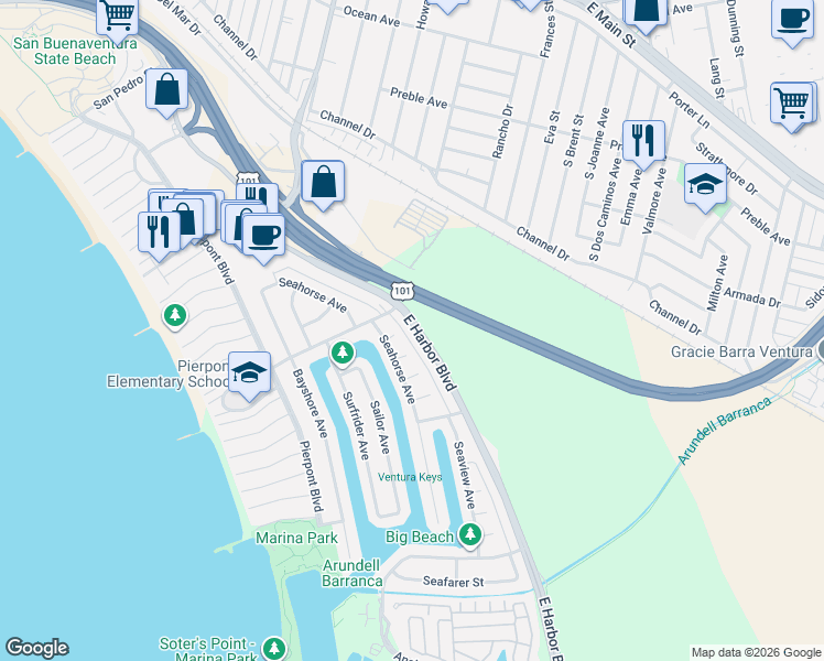 map of restaurants, bars, coffee shops, grocery stores, and more near 2655 East Harbor Boulevard in Ventura