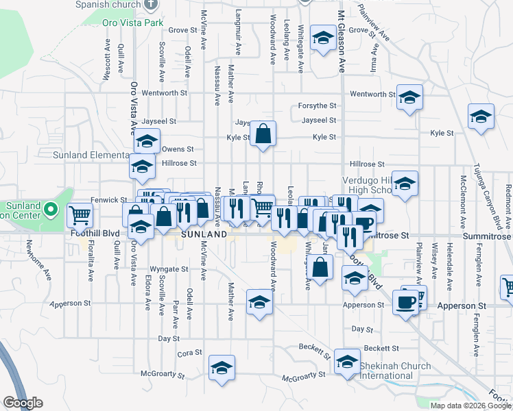 map of restaurants, bars, coffee shops, grocery stores, and more near 10549 Rhodesia Avenue in Los Angeles