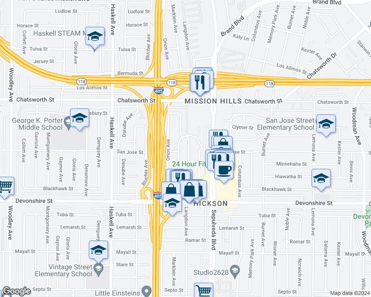 map of restaurants, bars, coffee shops, grocery stores, and more near 10505 Langdon Avenue in Los Angeles