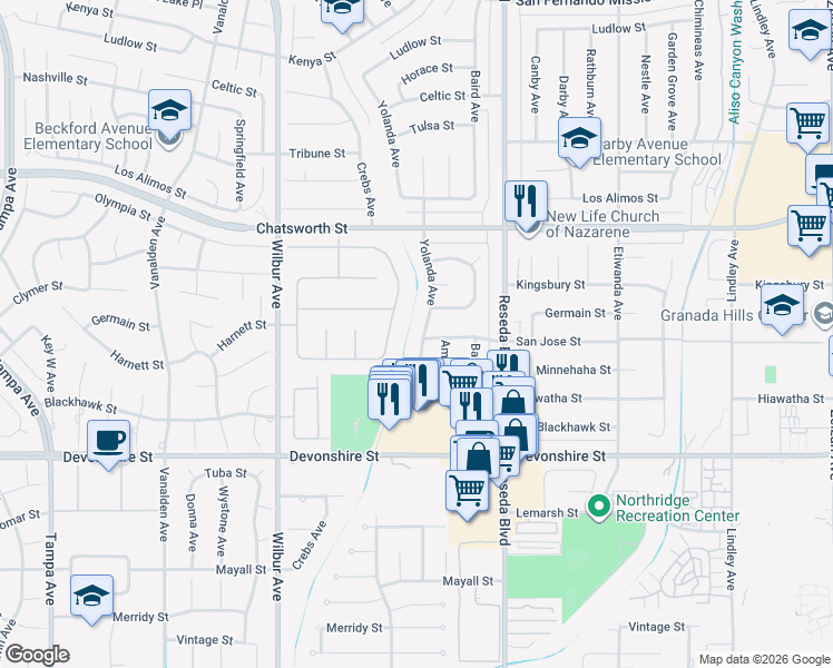 map of restaurants, bars, coffee shops, grocery stores, and more near 10499 Yolanda Avenue in Los Angeles