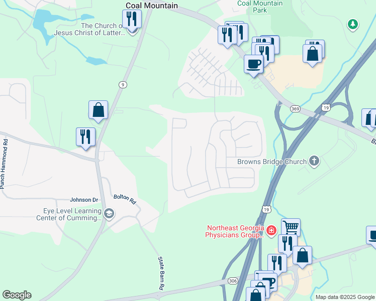 map of restaurants, bars, coffee shops, grocery stores, and more near 4465 Ambassador Way in Cumming