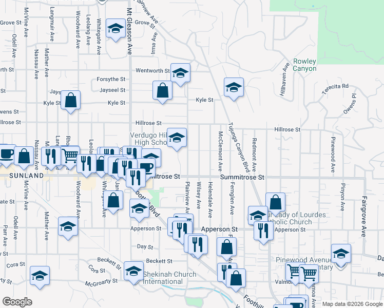 map of restaurants, bars, coffee shops, grocery stores, and more near 10554 Plainview Avenue in Los Angeles